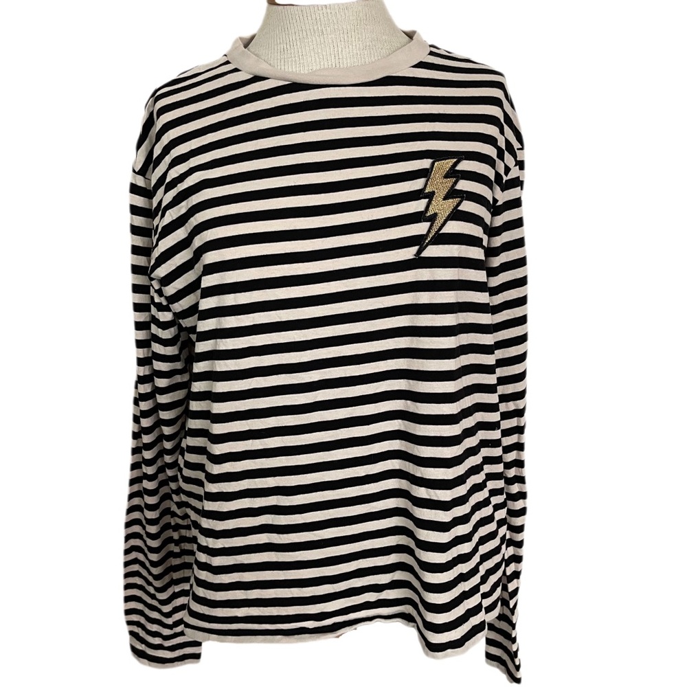 ✨H&M Black and White Striped Long Sleeved Tee with Lightening Bolt Patch